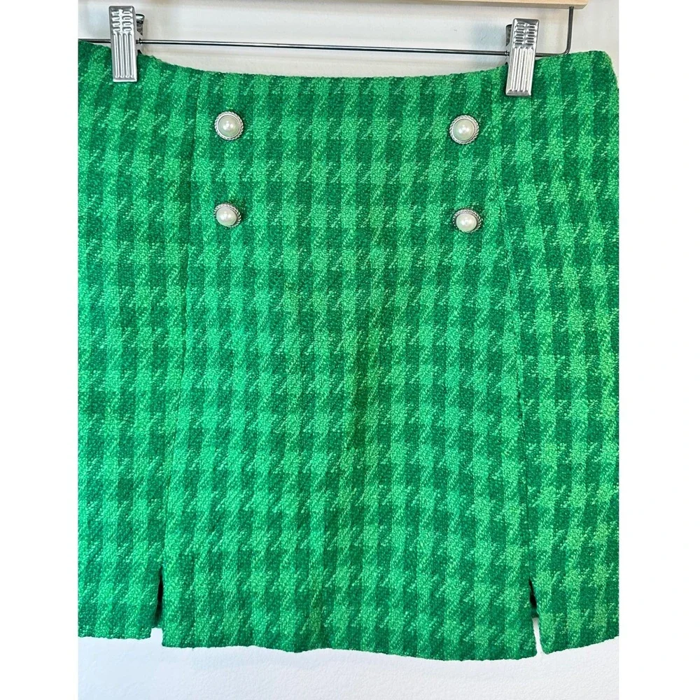 Cicy Bell Womens Green Cropped Tweed Blazer Skirt Set Suit M Tweed Houndstooth - Picture 9 of 12